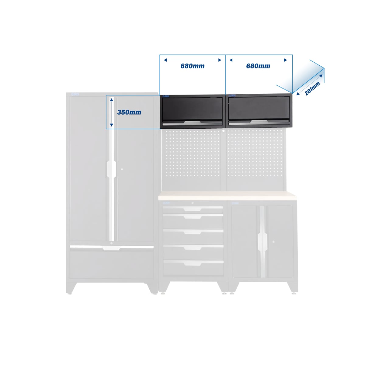 SGS 7pc Garage Storage System | 5 Drawers | Pressed Wood Worktop | Tall Double Cabinet with Drawer